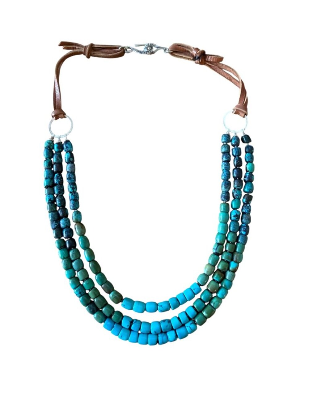 Sippican Designs 3 Strand Multi Turquoise Leather & Sterling Silver Necklace